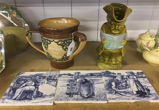 Doulton Lambeth smaller the drink... loving cup, Ault pottery toby jug & 3 William Wise Minton tiles (faults)